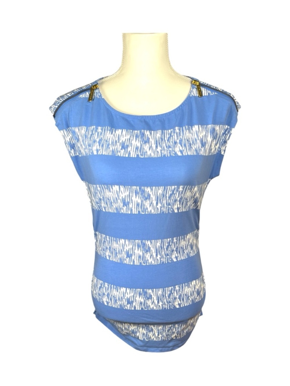 MICHAEL Michael Kors Blue and White Striped Cap-Sleeve Top